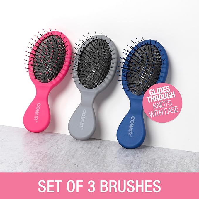 Conair Detangling 3PK mini hair brush - use wet or dry - ideal for curly or straight styles - detangler hairbrush - hairbrushes for women - great for travel - Pink, Grey, Blue
