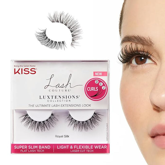 KISS Lash Couture LuXtensions Collection False Eyelashes, Flat Lash Technology, Super Slim Lash Band, Real Lash Extension Fibers, Reusable, Contact Lens Friendly Strip Lashes, Style Royal Silk, 1 Pair