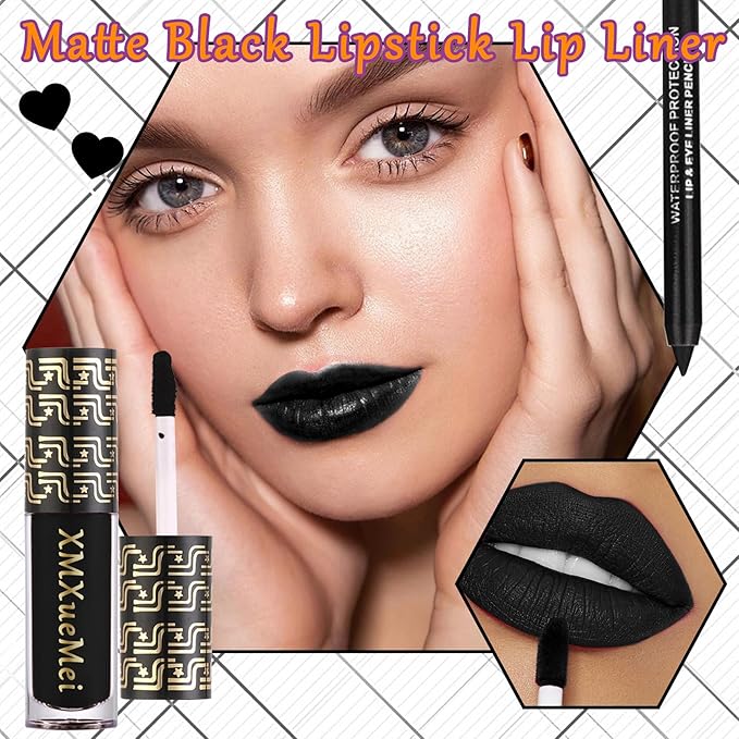 Black Velvet Matte Liquid Lipstick and Lip Liner Set - Smudge-proof, Long-lasting, Waterproof Black Lip Gloss Stain and Liner Pencil for Goth Halloween Cosplay Makeup