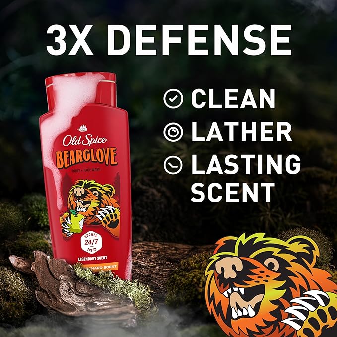 Old Spice Cleansing Body Wash for Men, 3X Defense, 24/7 Shower Fresh with Lasting Scent, 2-in-1 Body & Face Wash, Bearglove with Crisp Orchard Scent, 24 oz (Pack of 4)