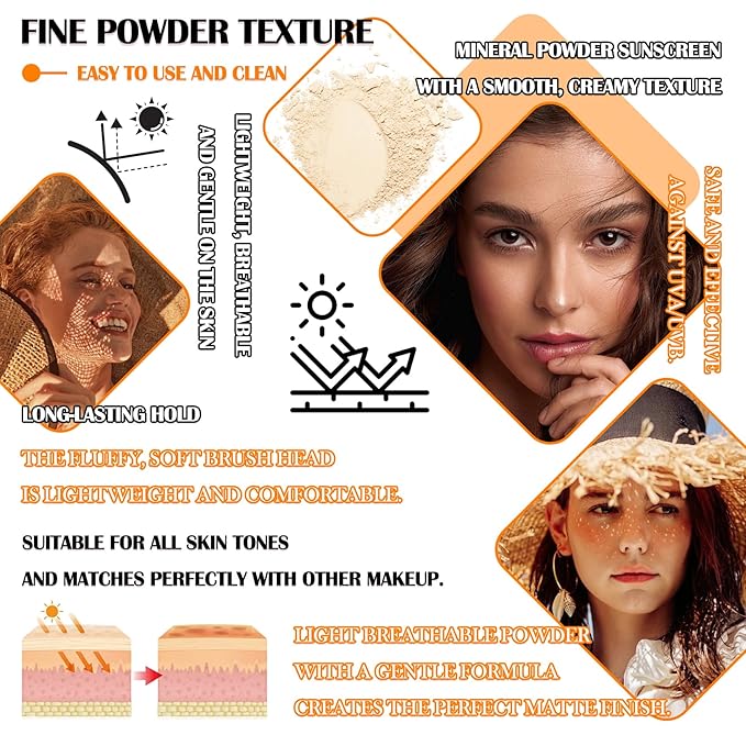 Sunscreen Setting Powder,SPF 50+ PA++++,Oil Control Waterproof Mineral Sunscreen Brush