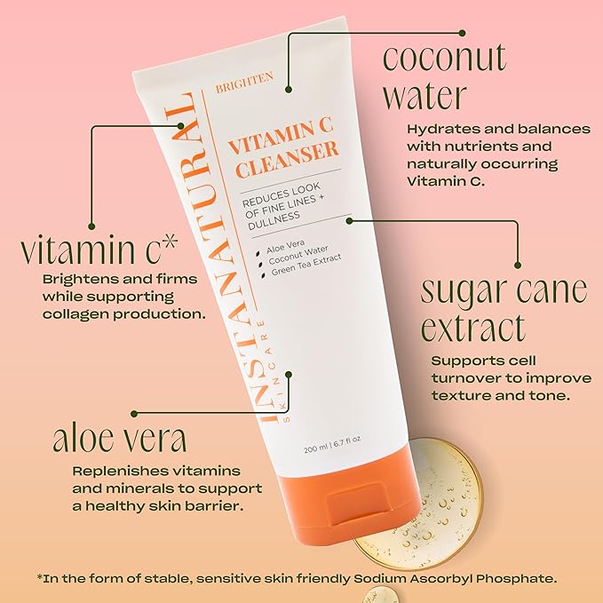 InstaNatural Vitamin C Cleanser Face Wash, Brightens and Reduces Signs of Aging, Fine Lines and Uneven Texture, with Coconut Water and Aloe Vera, 6.7 FL Oz