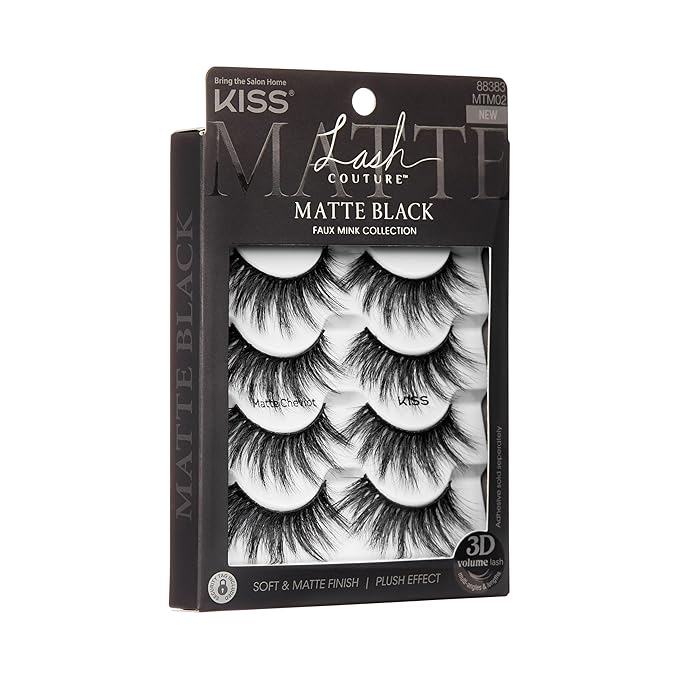 KISS Lash Couture Matte Black Faux Mink Eyelashes Multipack, Matte Cheviot, Black, Natural Looking, Cruelty-Free & Vegan, Holds Curl, Comfortable, Seamless, Knot-Free Band | 4 Pairs