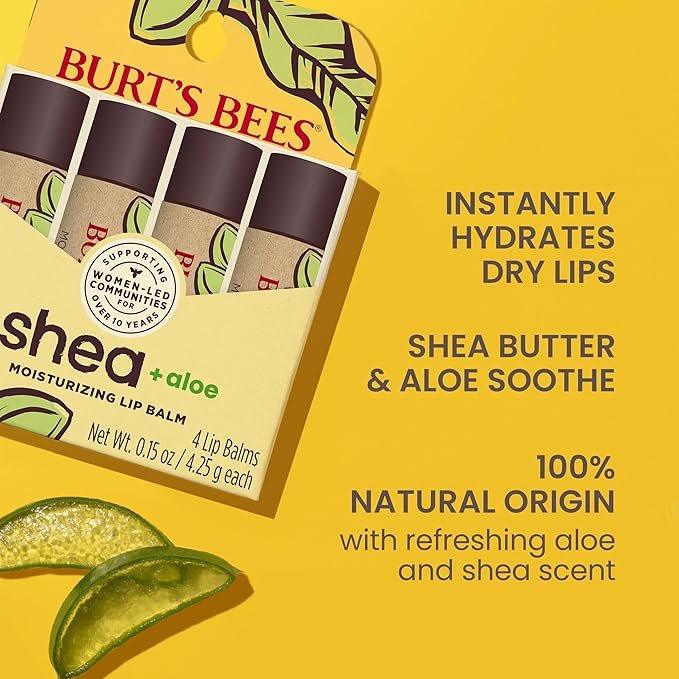 Burt's Bees Shea and Aloe Moisturizing Lip Balm, Lip Moisturizer With Responsibly Sourced Beeswax, Tint-Free, Natural Origin Conditioning Treatment, 4 Tubes, 0.15 oz.