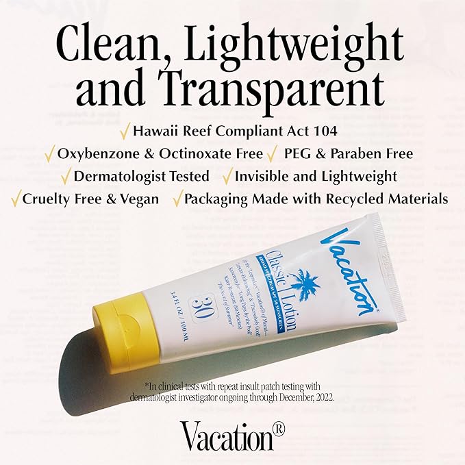 Vacation Classic Sunscreen Lotion SPF 30 3-Pack, Water Resistant Broad Spectrum Sunscreen Sun Block, Vegan Sun Tanning Lotion, Body Lotion with SPF, Travel Size Sunscreen, 3.4 fl. Oz. (Pack of 3)