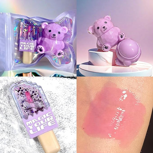 Bear Moisturizing Lip Balm & Lip Gloss Set - Oil Infused, Long-Lasting Lipstick & Gloss for Smooth Lips hydrating lip glow oil， Transparent Lip Oil Tinted, Reduce lip lines (Purple suit, 1)