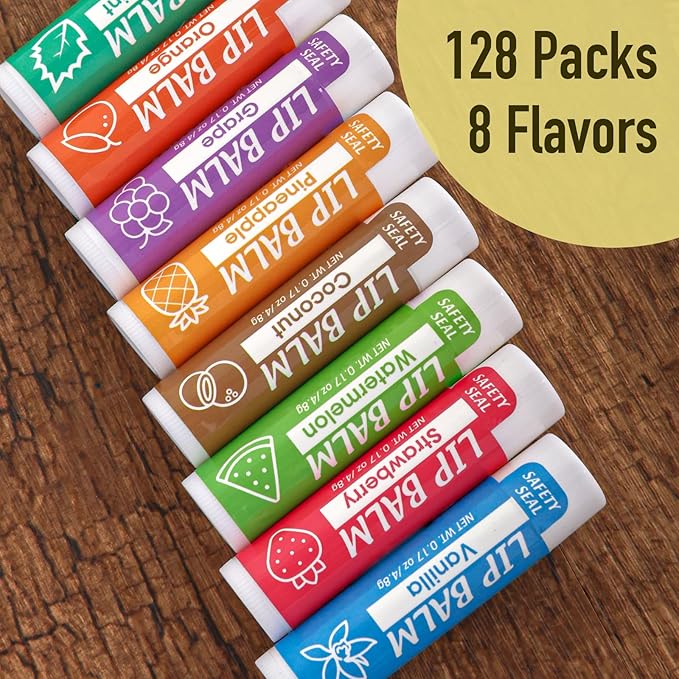 128 Pack Lip Balm, Natural Lip Flavors