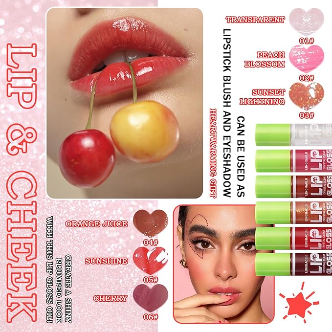 6 Colors Lip Oil Set,Big Brush Head Lip Glow Oil,Moisturizing Shiny Lip Plumping Lip Gloss Oil,Non-sticky Long Lasting Hydrating Tinted Lip Oil for Women
