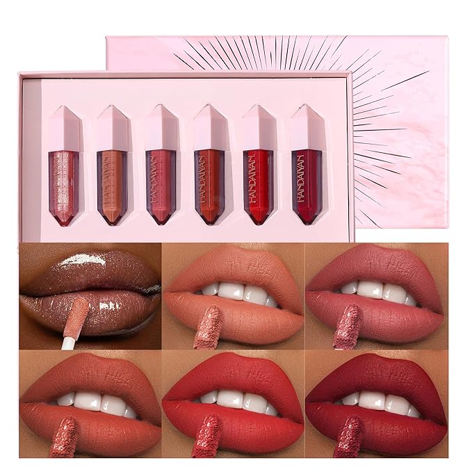 6PCS Diamond Lip Gloss Set, Matte & Pearlescent Finish, Long-Lasting Hydrating Lipstick, Non-Sticky, High-Pigment Formula for All-Day Wear, Shimmer & Velvet Effect (Diamond B, 1)