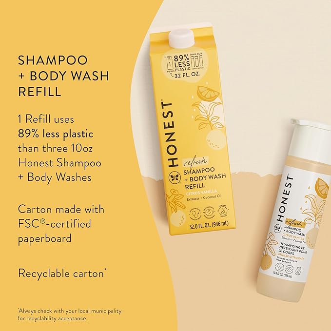 The Honest Company 2-in-1 Cleansing Shampoo + Body Wash Refill Carton | Gentle for Baby | Naturally Derived, Tear-free, Hypoallergenic | Citrus Vanilla Refresh, 32 fl oz