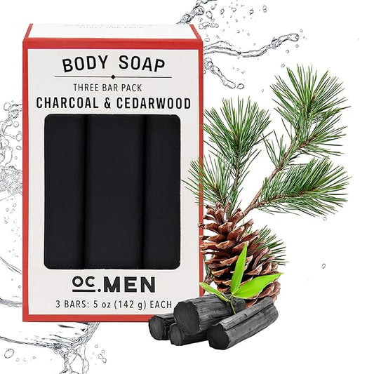 Olivia Care Activated Charcoal Cedarwood Bar Soap 3 Pack Set 100% Natural & Organic – For Face & Body - Deep Clean, Exfoliate, Moisturize & Hydrate - Amazing Masculine Fragrance - 3 X 5 OZ