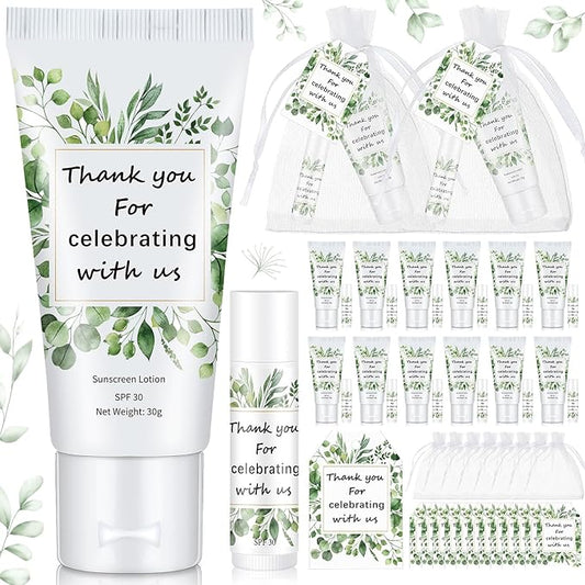 12 Sets Thank You Gifts Mini Sunscreen and Sunscreen Lip Balms Travel Size Thank You Gifts for Weddings Baby Shower Favors Supplies(Wedding Eucalyptus)