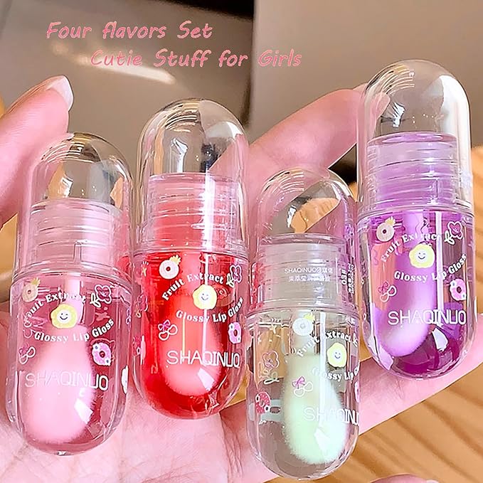 4 Pcs Lip Gloss Oil Set, Fruit Flavored Lip Gloss Set Cute Lip Jelly Hydrating Lip Make-Up for Kids and Teens, Kid Friendly, Party Gift, Non-toxic