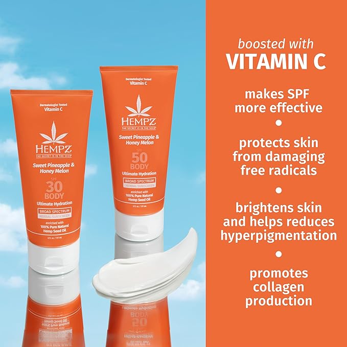 Hempz Daily Body Sunscreen SPF 30, Sweet Pineapple and Honeymelon, Reef Safe, Vegan, Dermatologist Tested, 6 oz