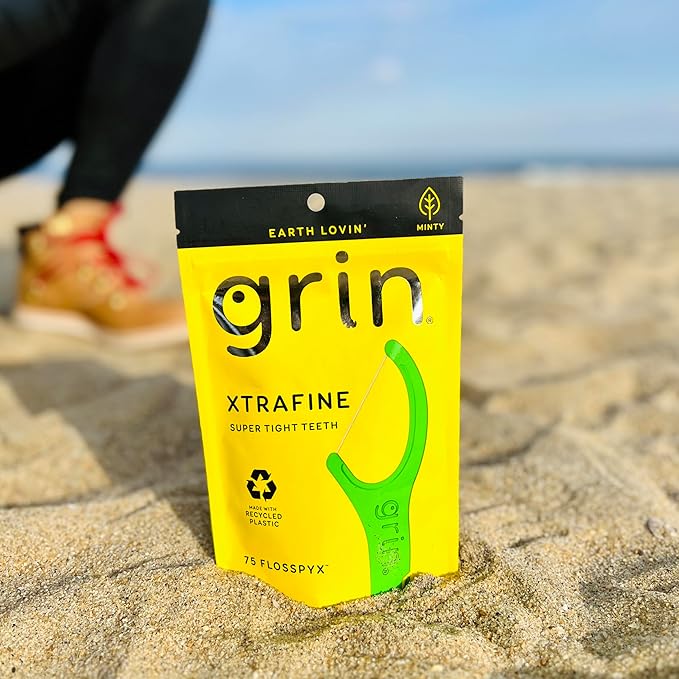 GRIN XtraFine Flosspyx, Floss Picks, 75 Count, Dental Flossers, Minty Flavor, Recycled Plastic, for Super Tight Teeth, Longer Floss Head, Slide Between Teeth, Includes Safe Soft Fold-Back Tooth Pick