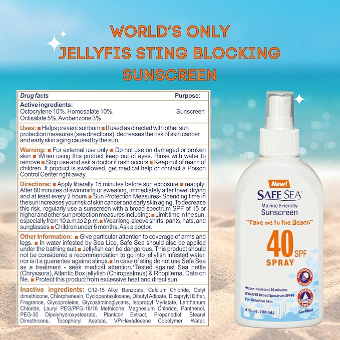 Safe Sea Jellyfish Sting-Blocking Sunscreen, SPF 40+ Spray 4 Fl oz, Waterproof, Biodegradable, Coral Reef-Safe – Body and Face Sunscreen, Anti-Jellyfish and Sea-Lice sting protection.