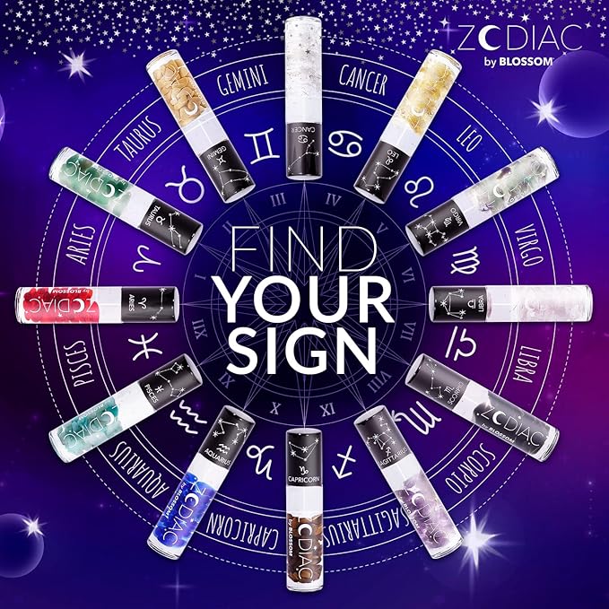 Blossom Zodiac Sign Vanilla Scented Moisturizng Roll On Lip Gloss with Crystals + pH Technology Color Charnging Shimmering Lip Balm, 2 Pack Bundle, Libra/Crystal