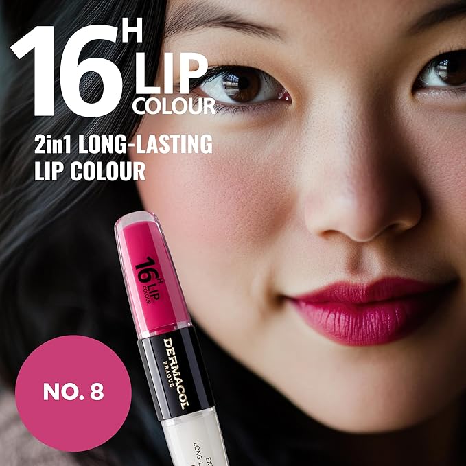 Dermacol NEW 16-Hour Lip Colour, Highly Pigmented Glossy Lip Stain, Two-Phase Lip Plumper Gloss, Kissproof Lip Makeup Products with Matte and Glitter Finish, n.8