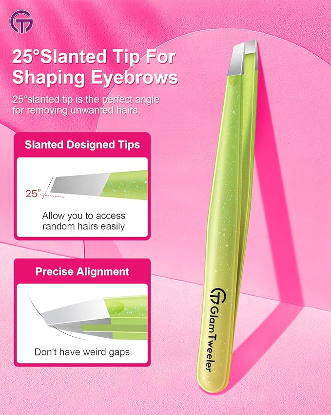 Expert Eyebrow Hair Removal Tweezer with Leather Case, GlamTweeler High Precision Slant Tip Stainless Steel Tweezers for Men and Women (Sparkle Apple Green & Yellow)
