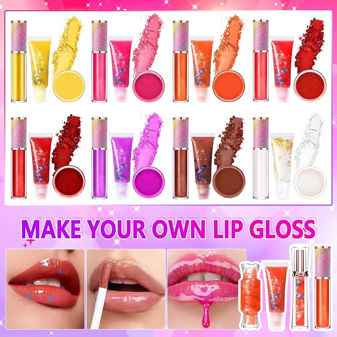 JCOOS Lip Gloss Making Kit, Lip Gloss Set for Teens Kids Tweens Girls Woman Lip Kit Fun DIY Lipgloss Making Kit, Make Your Own Lip Gloss Kit, Moisturizing Glitter Kids Gifts Stuff for Girls 10-12