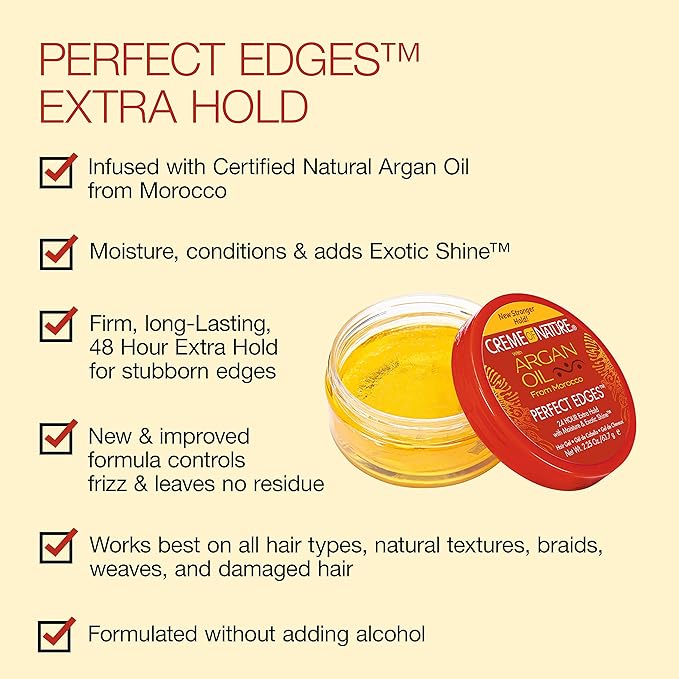 Creme of Nature with Argan Oil From Morocco Perfect Edges Hair Gel, 24 Hour Hold with Moisture and Exotic Shine, Extra Firm Hold, 2.25 Oz (Pack of 2)