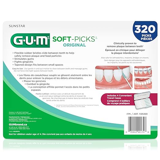 GUM Soft-Picks Original, Easy to Use Dental Picks for Teeth Cleaning and Gum Health, Disposable Interdental Brushes with Convenient Carry Case, Dentist Recommended Dental Picks, 320ct
