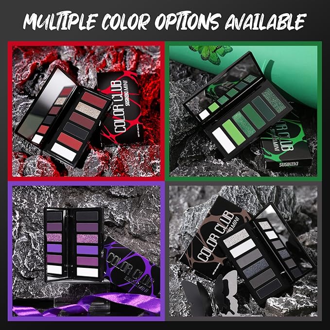 Black Eyeshadow Palette with Mirror Silver Gray Black Tones Matte Shimmer Smokey 6 Colors Mini Eye Shadow Pallet Travel Size Highly Pigmented for Vampire Clown Joker Goth Halloween Makeup