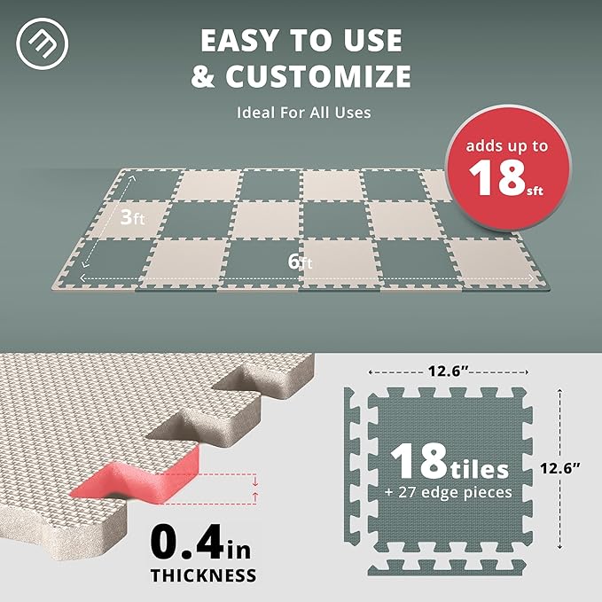 Gym Flooring Set - Interlocking EVA Soft Foam 18 Pieces