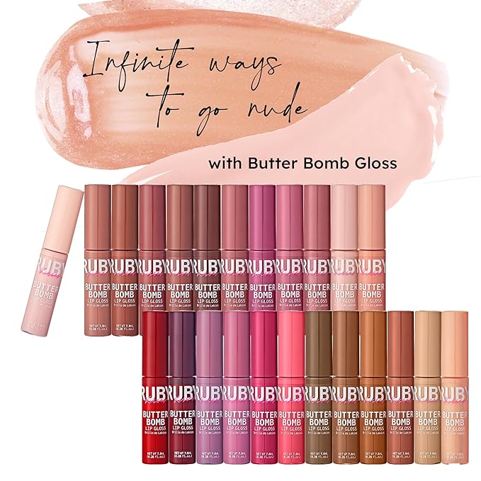 Ruby Kisses Lip Gloss Butter Bomb Gloss Non-Sticky Lip Gloss Vitamin E Natural Nude Lip Makeup- 7.8mL (0.26 US fl.oz) without Box (Champagne, Warm Hug, Flirty, Pilowtalk)