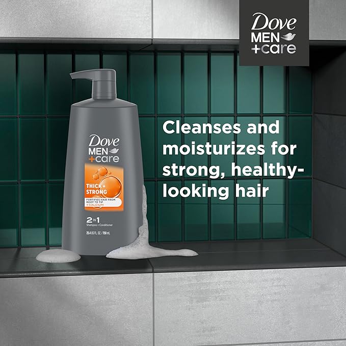 DOVE MEN+ CARE 2-in-1 Shampoo + Conditioner Thick + Strong 4 count for Fortifying Hair from Root to Tip, with Calcium, 25.4 oz