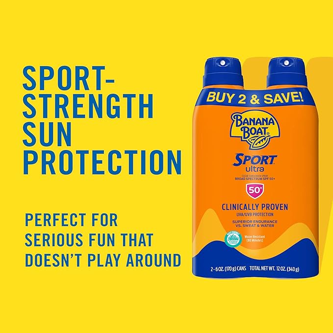 Banana Boat Sport Ultra SPF 50 Sunscreen Spray Twin Pack | Banana Boat Sunscreen Spray SPF 50, Spray On Sunscreen, Water Resistant Sunscreen, Oxybenzone Free Sunscreen Pack, 6oz each (Pack of 2)