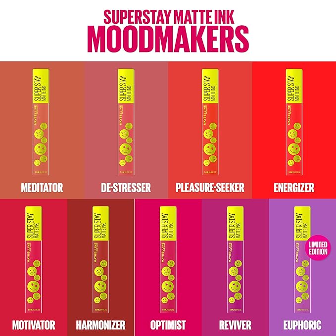 Maybelline Super Stay Matte Ink Liquid Lip Color, Moodmakers Lipstick Collection, Long Lasting, Transfer Proof Lip Makeup, Energizer, Bright Red, 1 Count