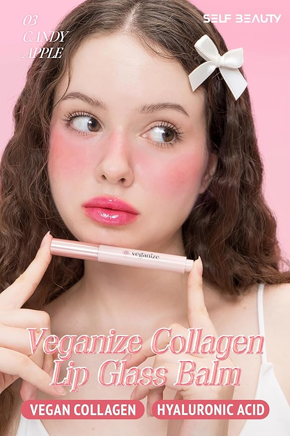 SELF BEAUTY Veganize Collagen Lip Glass Balm | Hydrating Lip Balm in 9 Vibrant Colors | Moisturizing Lip Care Infused with Collagen Jelly Magic | No Animal Trial Lip Balm 0.06 oz (#3 Candy Apple)