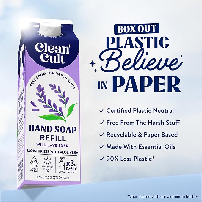 Cleancult Liquid Hand Soap Refills - Wild Lavender - Moisturizes Dry & Sensitive Skin -Made with Aloe Vera & Lavender Essential Oils - Eco Friendly - Paper-Based Packaging - 32 oz/3 Pack