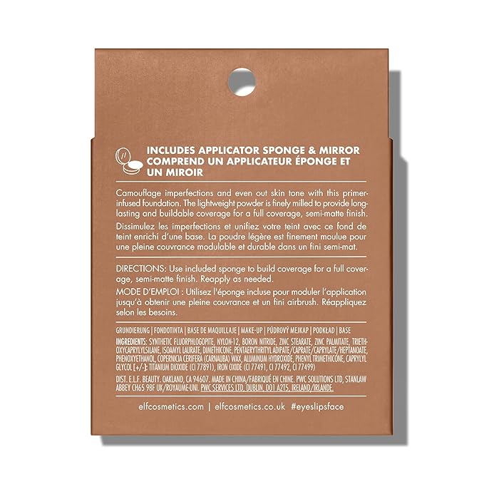 e.l.f. Camo Powder Foundation, Lightweight, Primer-Infused Buildable & Long-Lasting Medium-to-Full Coverage Foundation, Medium 375 N