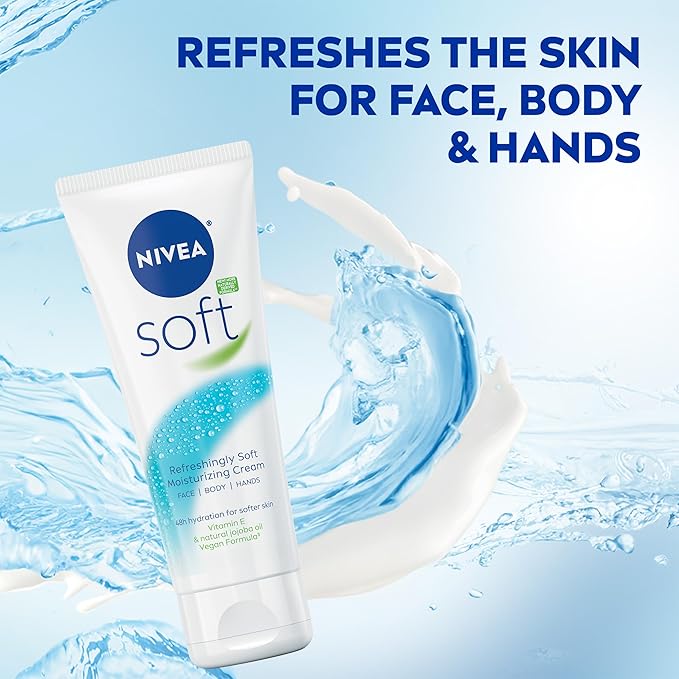 NIVEA Soft Refreshingly Soft Moisturizing Cream, Lightweight Moisturizer for Face, Body and Hands, Body Cream Enriched with Jojoba Oil and Vitamin E, 2.6 Oz Tube, Pack of 3
