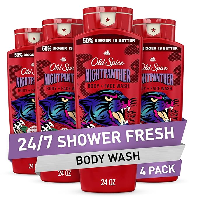 Old Spice Cleansing Body Wash for Men, 3X Defense, 24/7 Shower Fresh with Lasting Scent, 2-in-1 Body & Face Wash, NightPanther with Rich Warm Scent, 24 oz (Pack of 4)