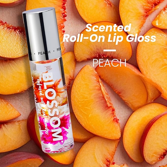 Blossom Roll on Lip Gloss, Scented Clear High Shine Moisturizing Lip Oil, Non Sticky, Infused with Real Flowers, Made in USA, 0.2oz, Juicy Peach