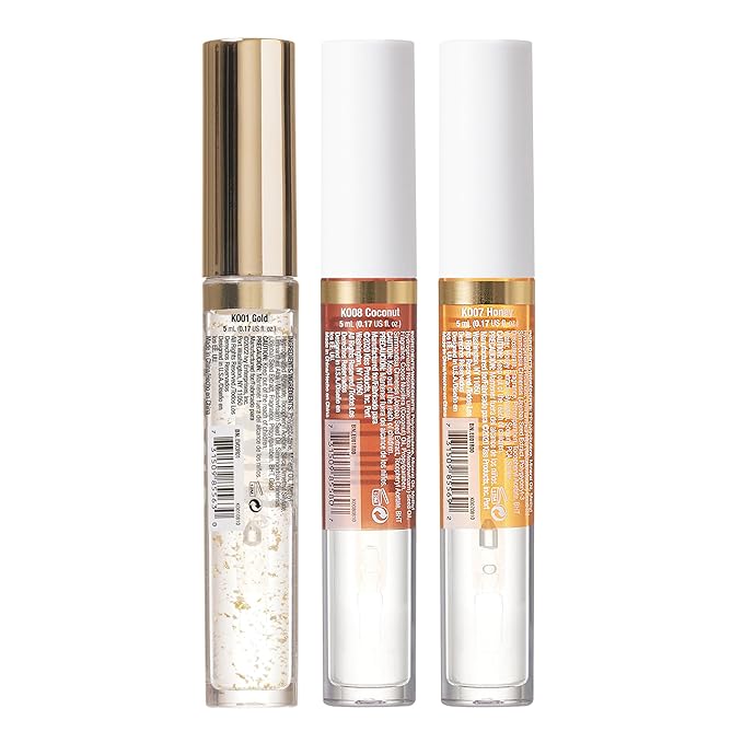 3 PACK Lip Oil Gloss, Hydrating Non-Sticky Lip Oil, 100% Natural Oil Clear Lip Gloss, Lightweight Lip Moisturizer (Gold & Honey & Coconut)