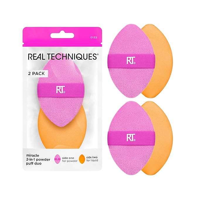Real Techniques Miracle 2-In-1 Powder Puff 2 Pack, Dual-Sided, Full Size Makeup Blending Puff, Reversible Elastic Band, Makeup Sponge & Powder Puff, For Liquid, Cream & Powder Products, Crulety-Free