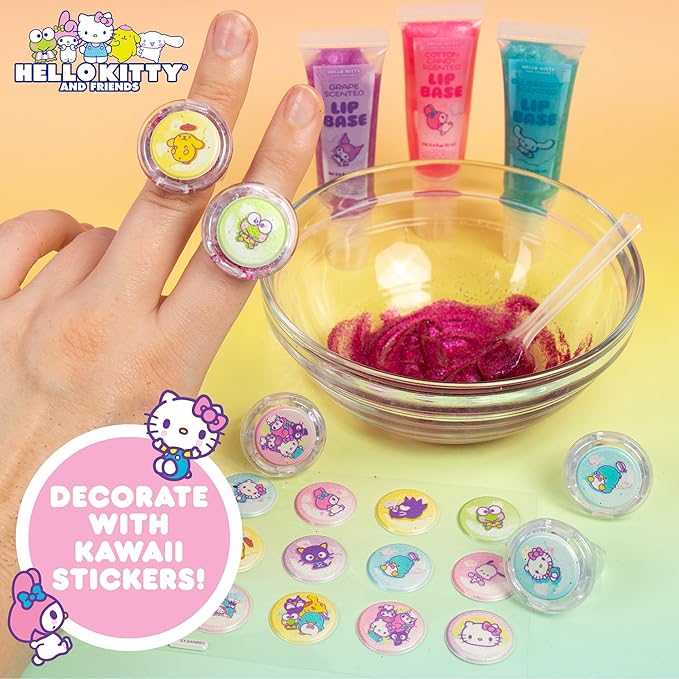 Horizon Group USA Sanrio Hello Kitty and Friends Shimmer Lip Gloss Making Kit, Makes 5 Hello Kitty Glitter Lip Gloss Rings, DIY Hello Kitty Lip Gloss Kit, Great Birthday Gift for Ages 6+