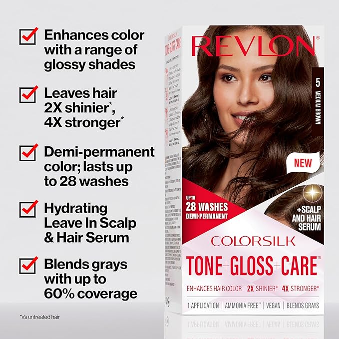 Revlon ColorSilk Tone + Gloss + Care Demi Permanent Hair Color, Dye Kit with Leave-In Scalp and Haircare Serum, 2x Shinier, 4x Stronger, 3 Brown Black, 4.5 fl oz
