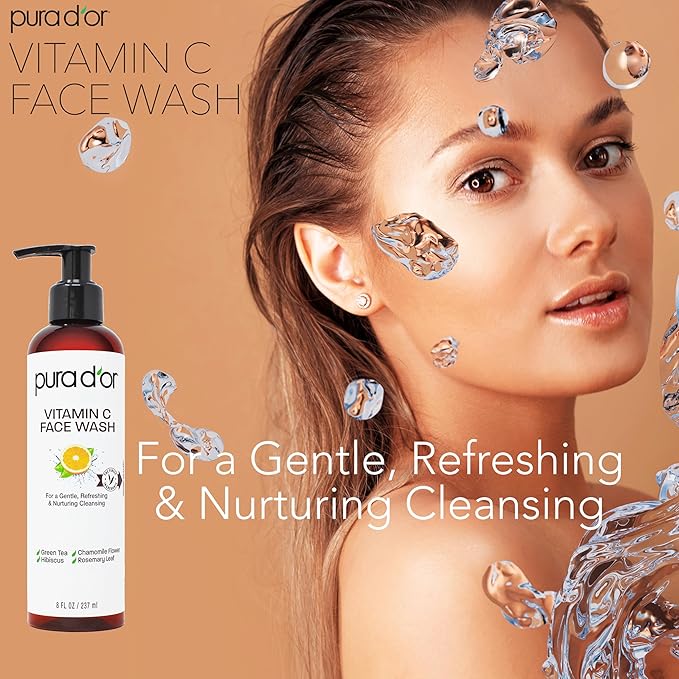 PURA D'OR 8 Oz Vitamin C Face Wash - Antioxidant Rich Facial Cleanser For Radiant Glow & Even Skin Tone - Gentle, Refreshing, Nurturing, Hydrating - Sulfate & Paraben Free - All Skin Types