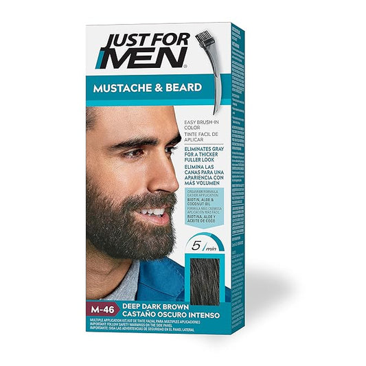 Just For Men Mustache & Beard, Beard Dye for Men with Brush, With Keratin Biotin Aloe and Coconut Oil for Healthy Facial Hair - Deep Dark Brown, M-46, Pack of 1 (Packaging May Vary)