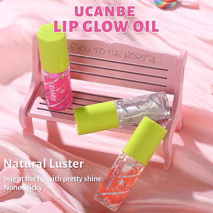 UCANBE 3 Color Hydrating Lip Glow Oil - Natural Plumping Lip Oil (Clear/Cinnamon/Cherry), Luxurious Non-Sticky Mositurizing Lip Top Gloss for All-Day Wear and Comfort…