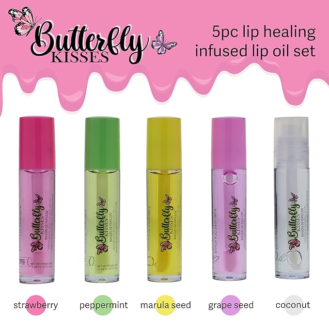 5pc Lip Oil Set - Butterfly Kisses Lip Oils, Lip Healing Lip Oil Collection with Precision Applicator Wand for Everyday Lip Care and Lip Repair (BUTTERFLY KISSES)