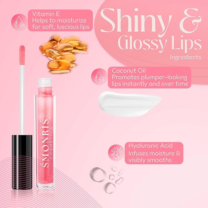 SMONRIS Moisturizing Shiny Lip glosses to Heal Dry Lips for Long Lasting Hydration – High Shine Cruelty Free Non-Sticky Lip Plumper with Vitamin E, Coconut Oil, Hyaluronic acid and Glitter Finish