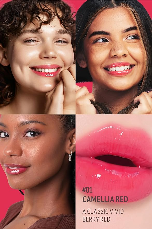 self beauty Veganize Collagen Lip Glass Balm - Hydrating Lip w/Hyaluronic Acid - Vegan Korean Lip Balm Moisturizing Lip Care – Lip Gloss Repair for Dry Cracked Lips 0.06 oz (#1 Camellia Red)