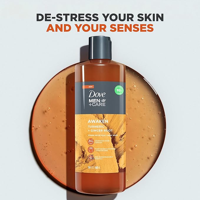 DOVE MEN + CARE Face + Body Wash For Men Awaken Turmeric + Ginger Root 18 oz 4 Count