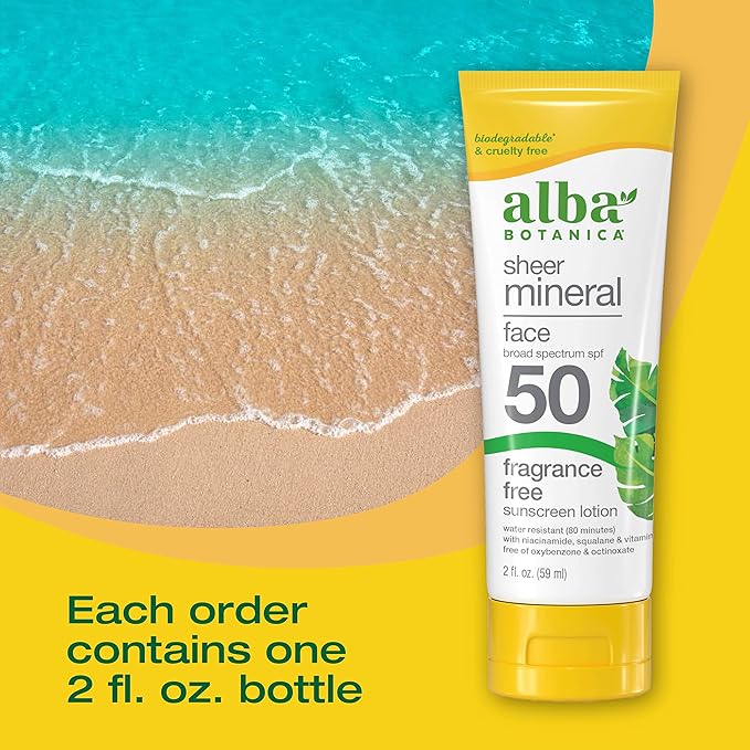 Alba Botanica Sunscreen for Face, Fragrance-Free Sheer Mineral Face Sunscreen Lotion, Broad Spectrum SPF 50, Water Resistant and Biodegradable, 2 fl. oz. Bottle